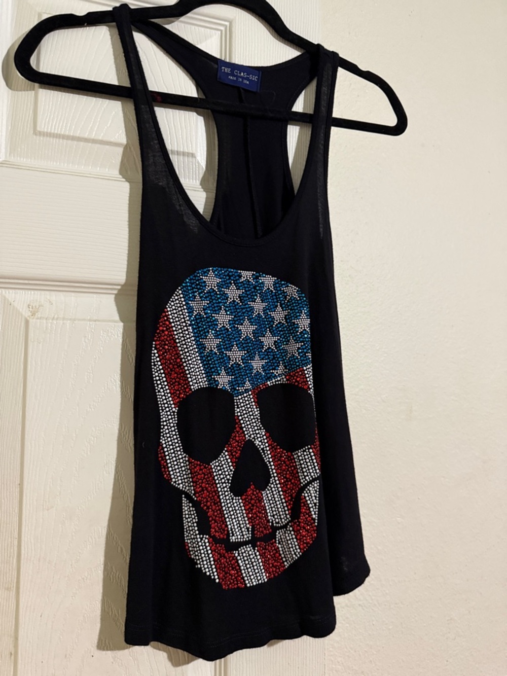 The Classic Black Tank with Rhinestone American Flag Skull